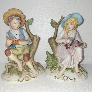 2 Pc Lot Girl w Grapes Boy w Watermelon Porcelain Bisque Figurines